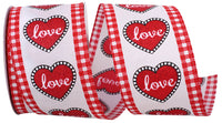 Love Glitter Heart Wired Gingham Edge Ribbon White Red 2-1/2 Inch