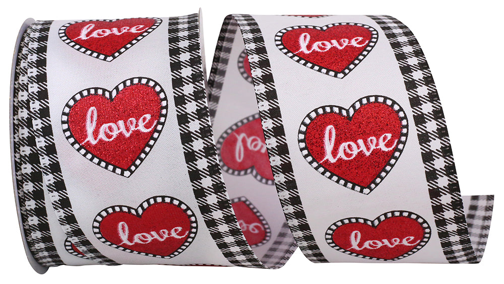 Love Glitter Heart Wired Gingham Edge Ribbon White Black 2.5 Inch