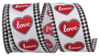 Love Glitter Heart Wired Gingham Edge Ribbon White Black 2.5 Inch