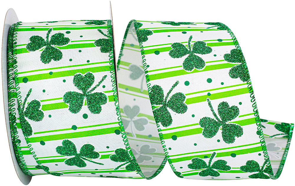 White 2-1/2 Inch Wired Edge Clover Glitter Stripes Ribbon