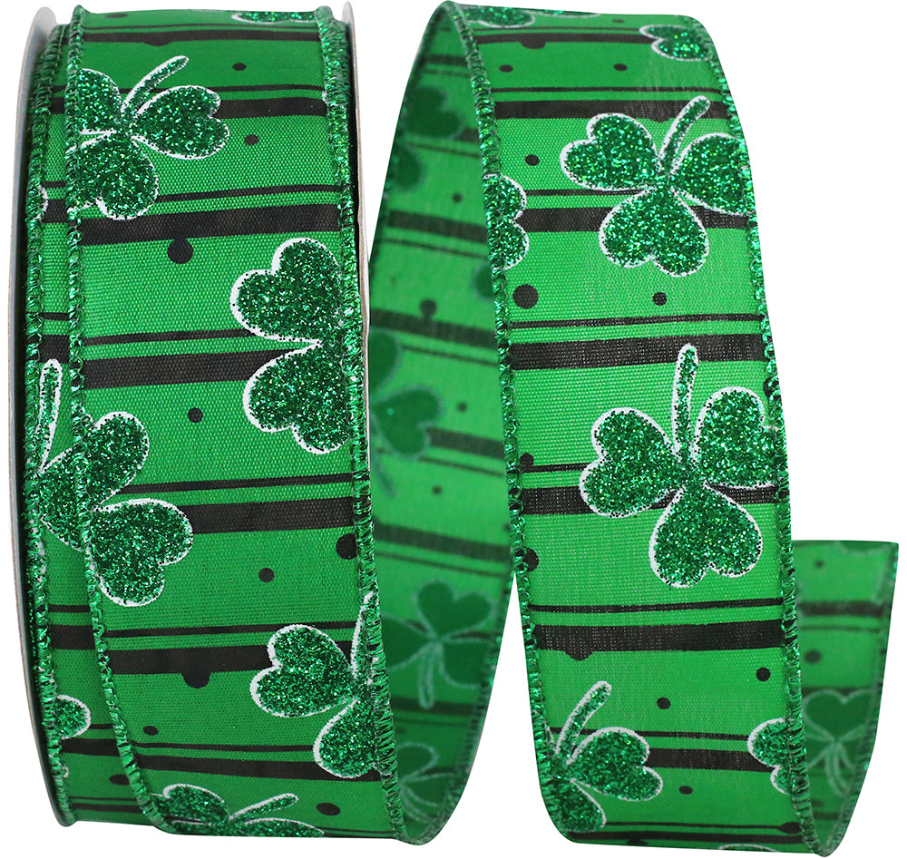 Green 1-1/2 Inch Wired Edge Clover Glitter Stripes Ribbon