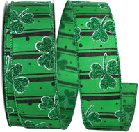 Green 1-1/2 Inch Wired Edge Clover Glitter Stripes Ribbon
