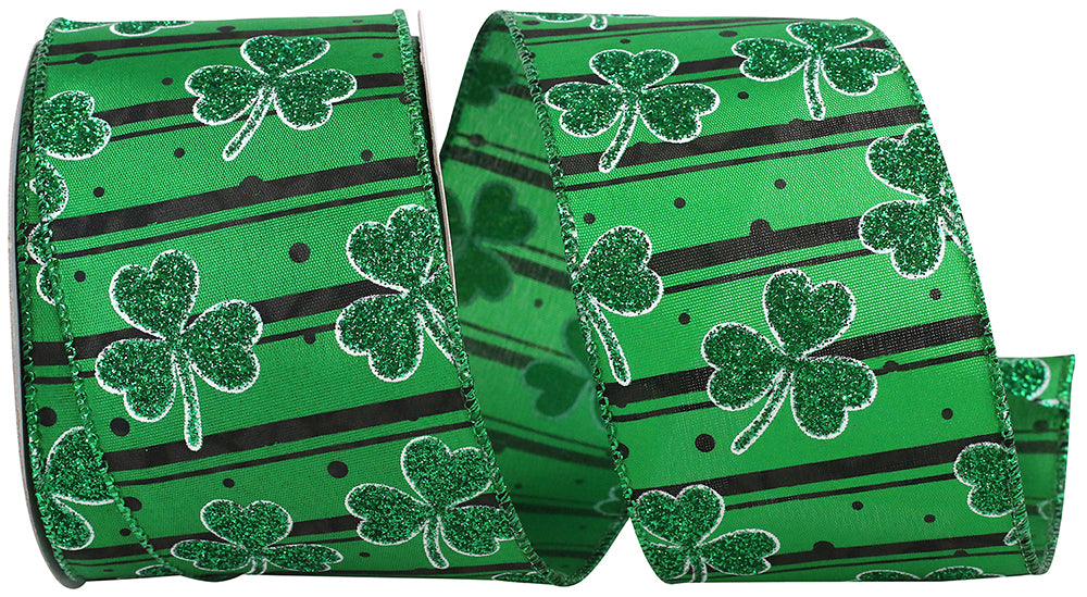 Green 2-1/2 Inch Wired Edge Ribbon with Clover Glitter Stripes