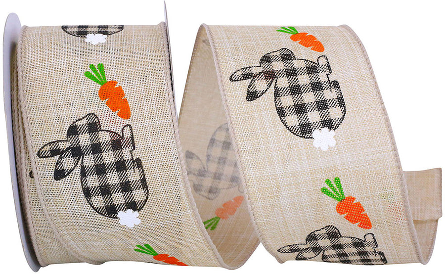 Natural Bunny Gingham Linen Wired Edge Ribbon 2-1/2 Inch