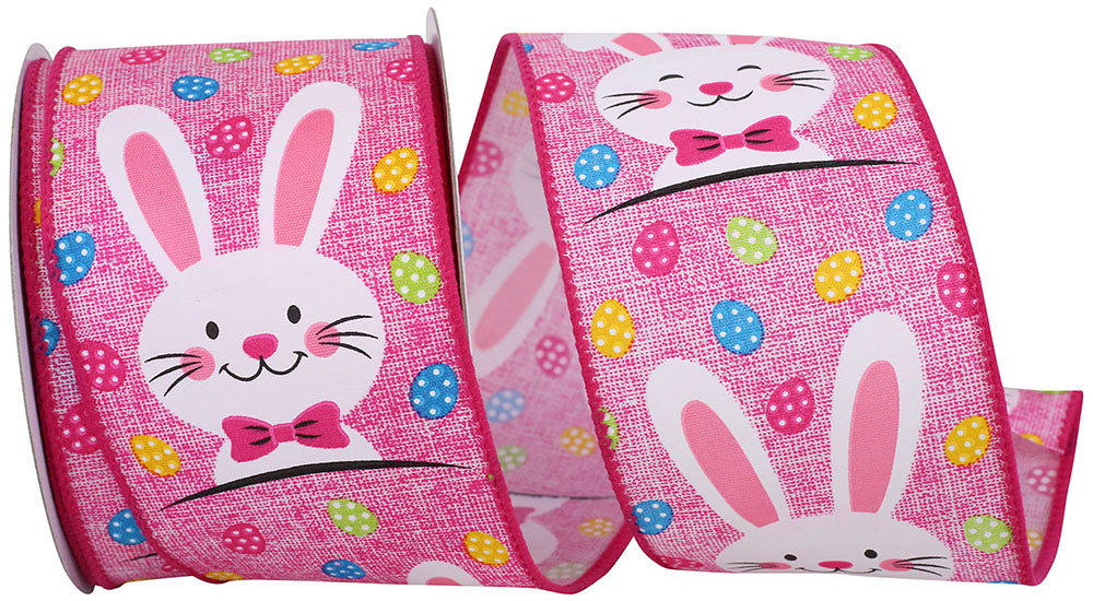 Pink 2-1 2 Inch Bunny Face Multi Egg Wired Edge Ribbon for Wreaths & Bows
