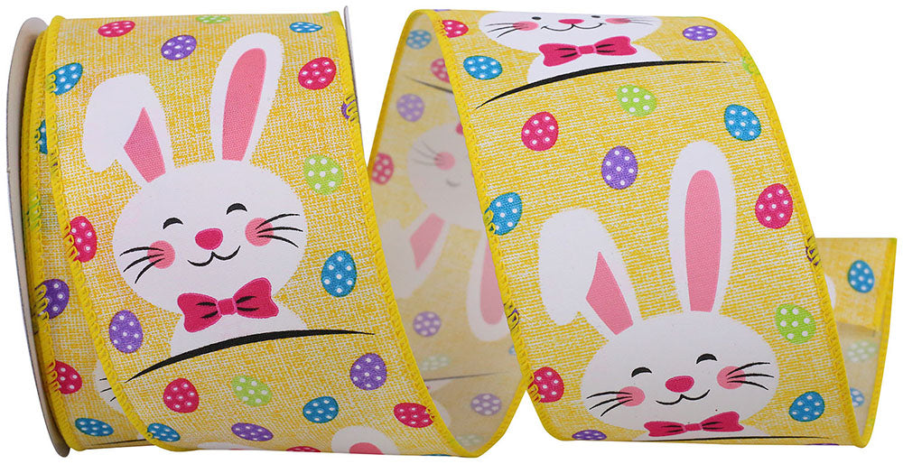 Yellow 2-1 2 Inch Bunny Face Multi Egg Wired Edge Ribbon for Wreaths & Bows
