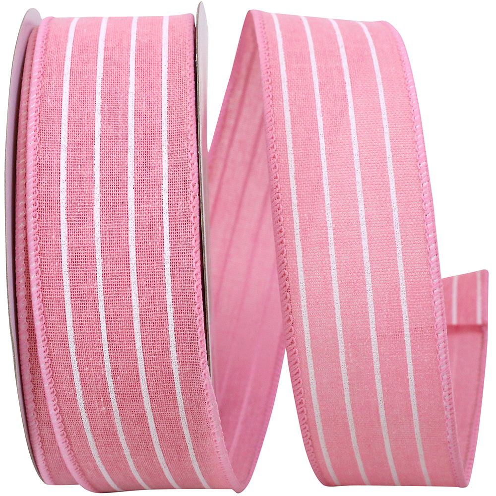 Pink 1-1 2 Inch Pin Stripe Linen Wired Edge Ribbon for Wreaths & Bows