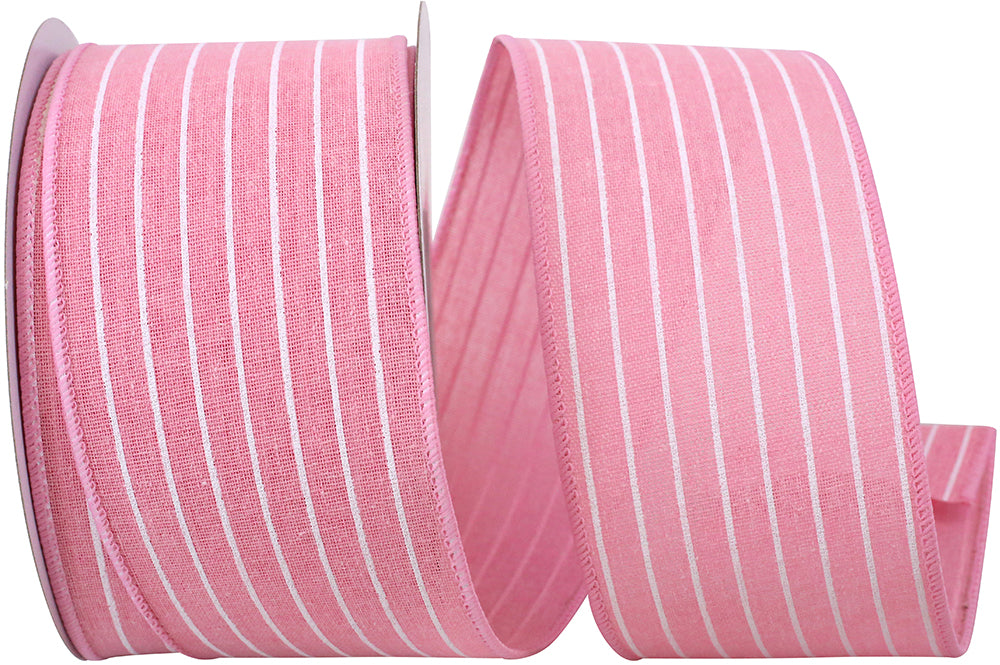 Pink 2-1 2 Inch Pin Stripe Linen Wired Edge Ribbon for Wreaths & Bows