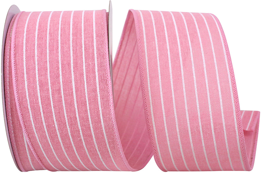 Pink 2-1 2 Inch Pin Stripe Linen Wired Edge Ribbon for Wreaths & Bows