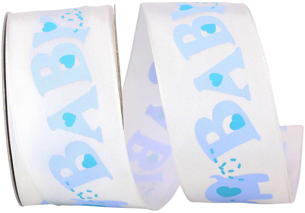 Baby Words Taffeta Wired Edge Ribbon White Blue 1-1/2 Inch