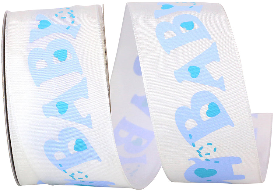 Baby Words Taffeta Wired Edge Ribbon White Blue 1-1/2 Inch