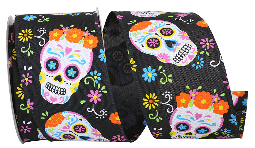 Black 2-1 2 Inch Day Of The Dead Bright Skulls Wired Edge Ribbon for Wreaths & Bows