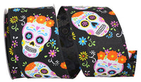 Black 2-1 2 Inch Day Of The Dead Bright Skulls Wired Edge Ribbon for Wreaths & Bows