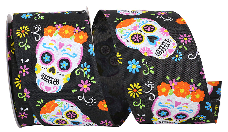 Black 2-1 2 Inch Day Of The Dead Bright Skulls Wired Edge Ribbon for Wreaths & Bows