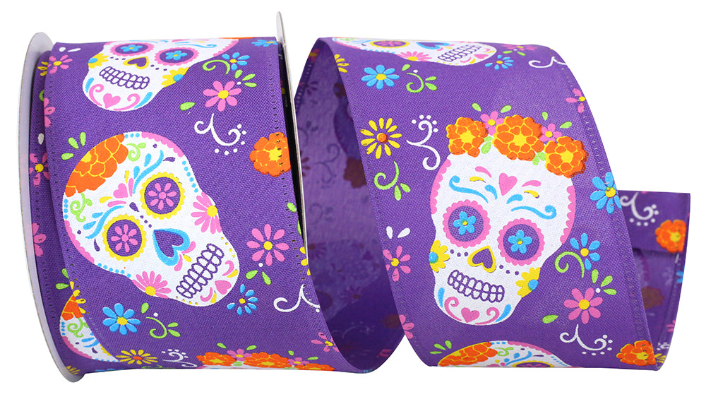 Purple 2-1 2 Inch Day Of The Dead Bright Skulls Wired Edge Ribbon for Wreaths & Bows