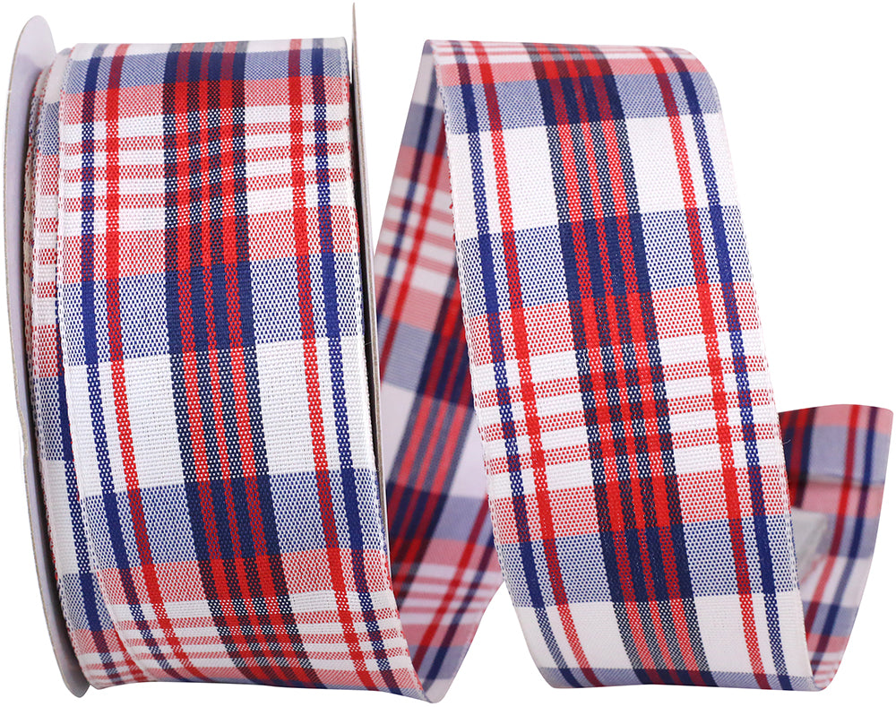 Patriotic Plaid Wired Edge Ribbon 1-1/2 Inch White 20 Yards