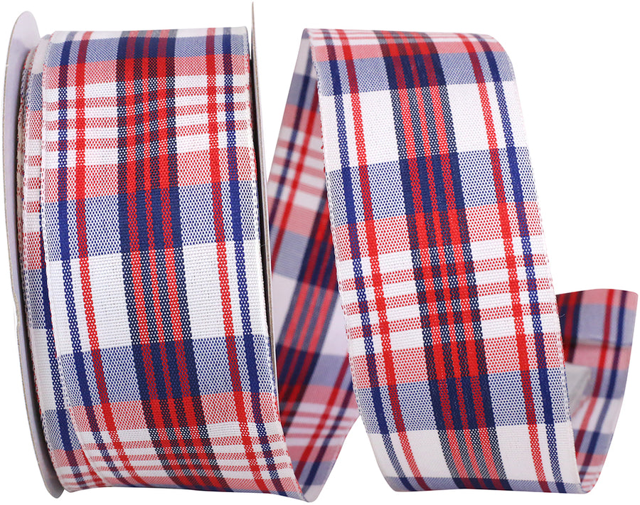 Patriotic Plaid Wired Edge Ribbon 1-1/2 Inch White 20Yds