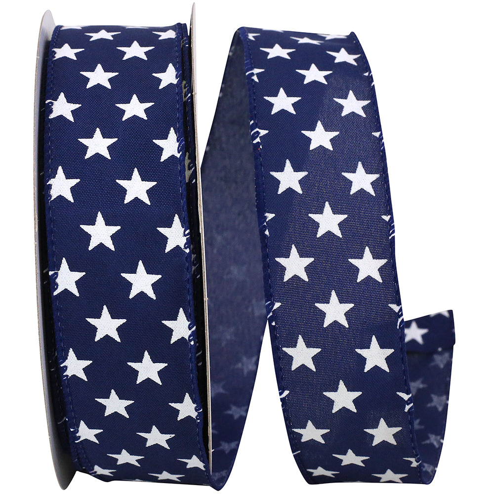 Navy 1-1 2 Inch Patriotic Stars On Navy Wired Edge Ribbon for Wreaths & Bows