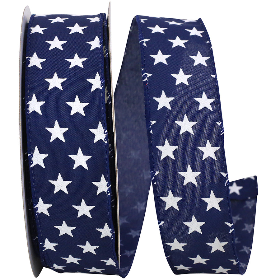 Navy 1-1 2 Inch Patriotic Stars On Navy Wired Edge Ribbon for Wreaths & Bows