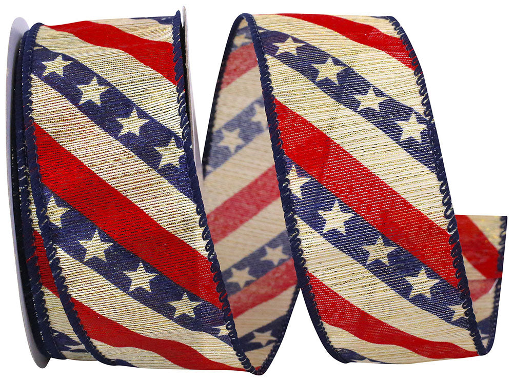 Stars And Stripes Metallic Wired Edge Ribbon Red Blue 1-1/2 Inch