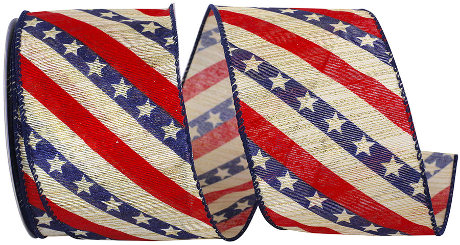 Stars And Stripes Metallic Wired Edge Ribbon Red Blue 2-1/2 Inch
