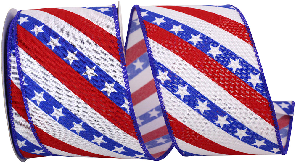 Red White Blue 2-1 2 Inch Stars And Stripes Royal Linen Wired Edge Ribbon for Wreaths & Bows