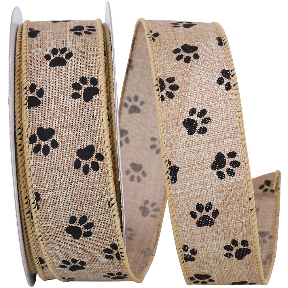 Natural 1-1 2 Inch Paw Prints Linen Wired Edge Ribbon for Wreaths & Bows