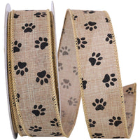 Natural 1-1 2 Inch Paw Prints Linen Wired Edge Ribbon for Wreaths & Bows