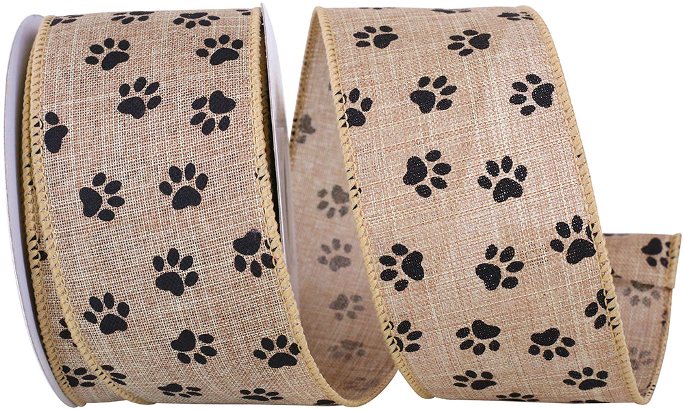 Natural 2-1 2 Inch Paw Prints Linen Wired Edge Ribbon for Wreaths & Bows