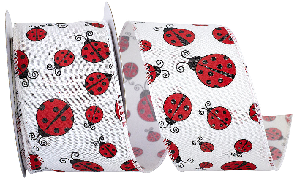 White 2-1 2 Inch Ladybugs Crossing Linen Wired Edge Ribbon for Wreaths & Bows
