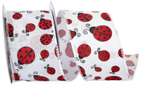 White 2-1 2 Inch Ladybugs Crossing Linen Wired Edge Ribbon for Wreaths & Bows