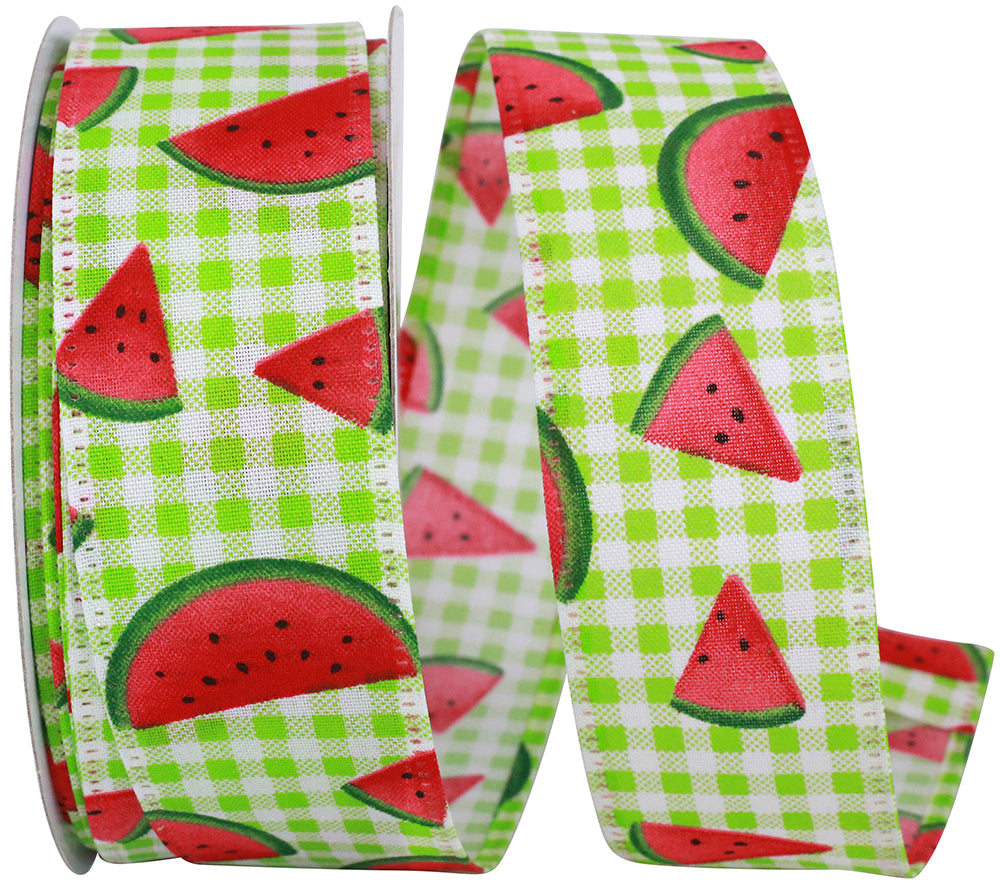 Watermelon Slices Lime Gingham Wired Edge Ribbon 1-1/2 Inch