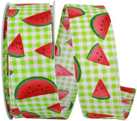 Watermelon Slices Lime Gingham Wired Edge Ribbon 1-1/2 Inch