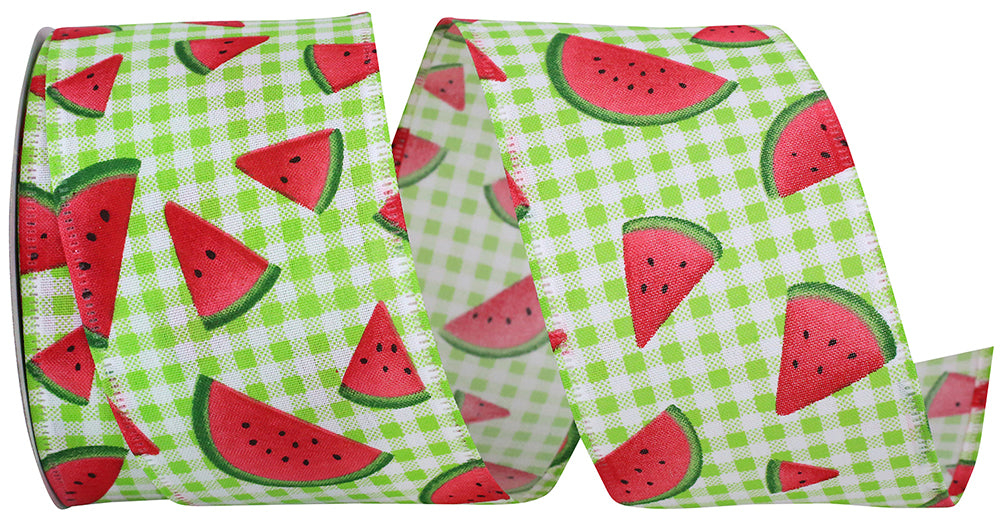 Watermelon Slices Lime Gingham Wired Edge Ribbon 2-1/2 Inch