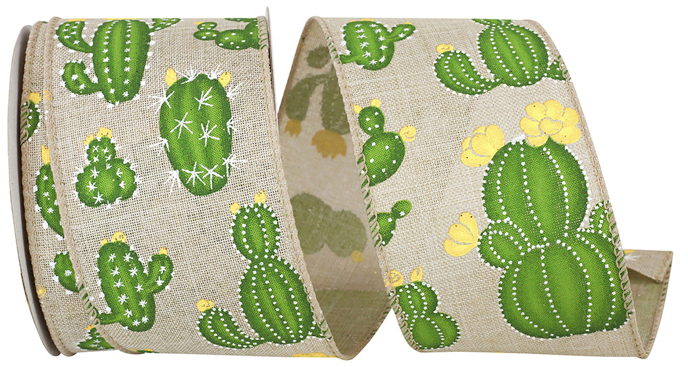 Natural 2-1 2 Inch Cactus With Flowers Linen Wired Edge Ribbon for Wreaths & Bows