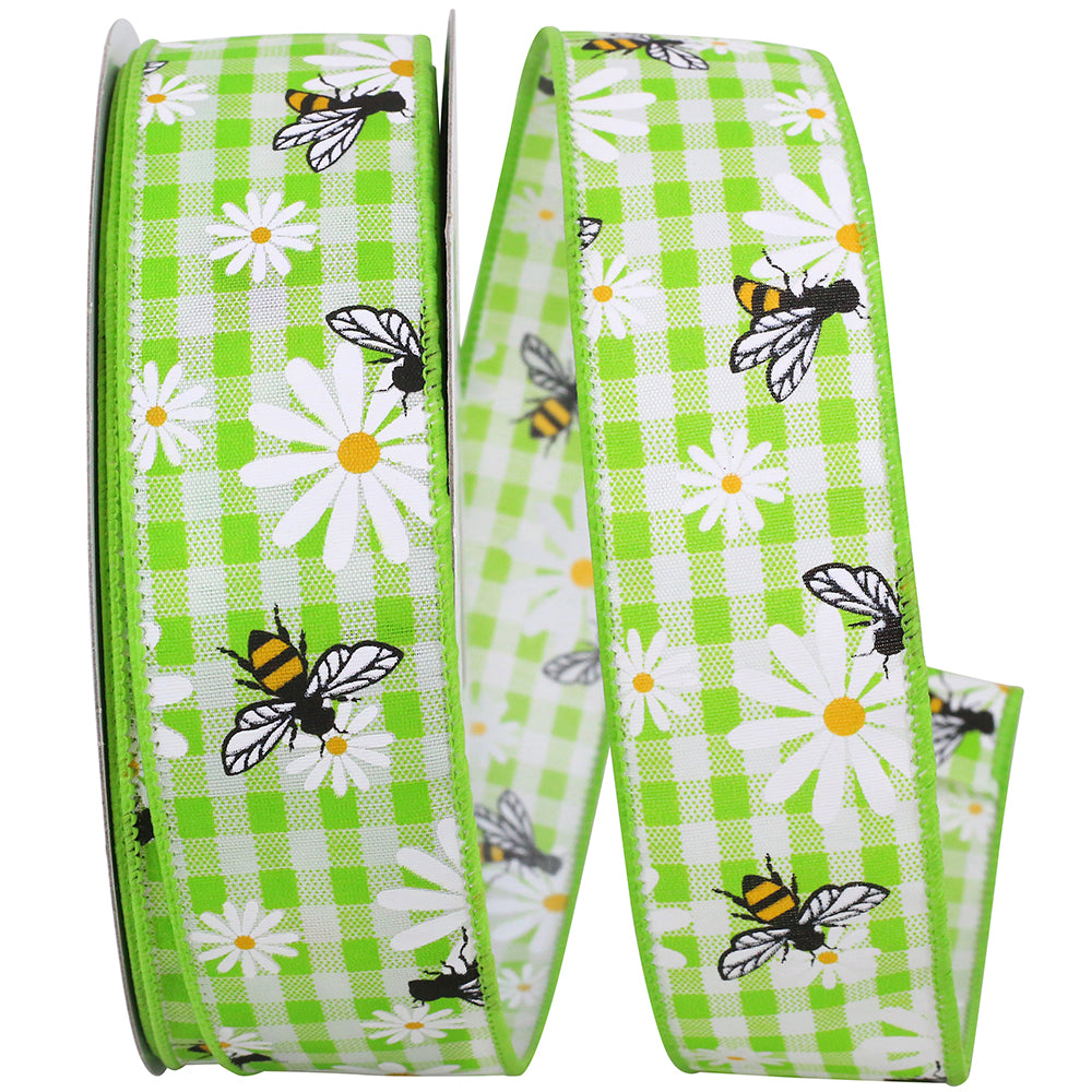 Bees And Daisies Lime Gingham Wired Edge Ribbon 1-1/2 Inch