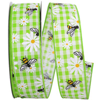 Bees And Daisies Lime Gingham Wired Edge Ribbon 1-1/2 Inch