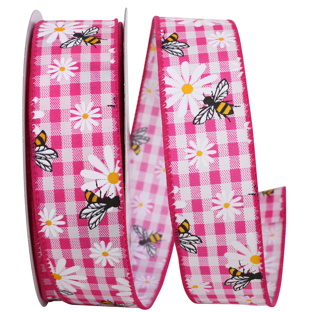 Fuchsia Wired Edge Ribbon 1-1/2 Inch Bees And Daisies