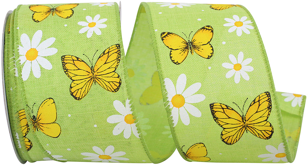 Celadon 2-1 2 Inch Butterflies And Daisies Linen Wired Edge Ribbon for Wreaths & Bows