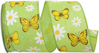 Celadon 2-1 2 Inch Butterflies And Daisies Linen Wired Edge Ribbon for Wreaths & Bows