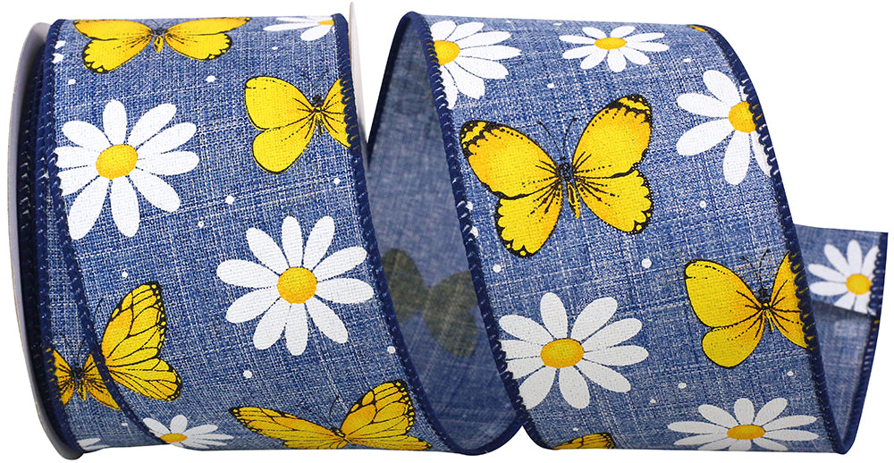 Denim Wired Edge Ribbon 2-1/2 Inch Butterflies And Daisies