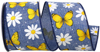 Denim Wired Edge Ribbon 2-1/2 Inch Butterflies And Daisies