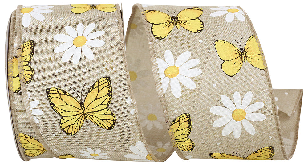 Natural 2-1 2 Inch Butterflies And Daisies Linen Wired Edge Ribbon for Wreaths & Bows