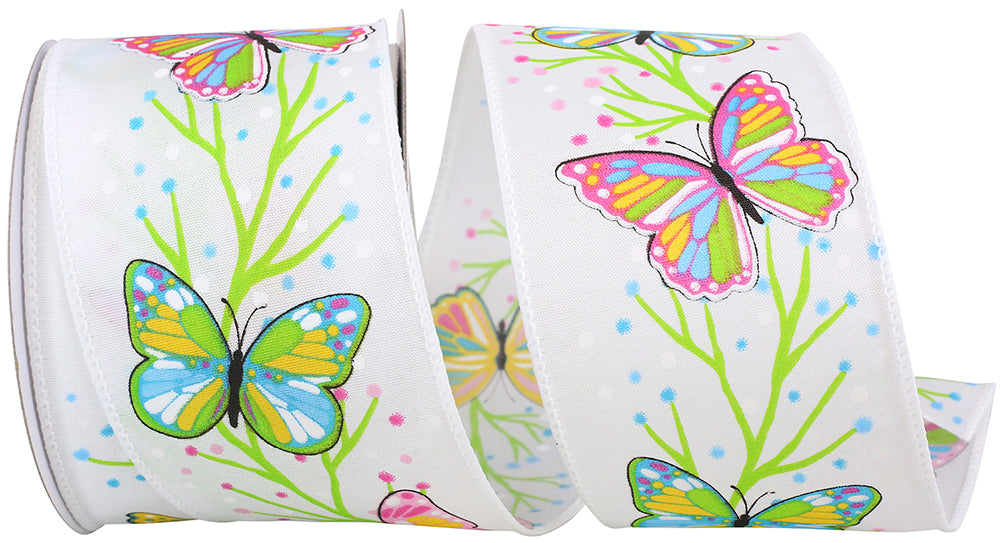 White 2-1 2 Inch Butterfly Bright Palette Wired Edge Ribbon for Wreaths & Bows