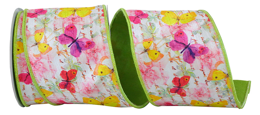 Citrus 4 Inch Butterfly Watercolor Citrus Wired Edge Ribbon for Wreaths & Bows