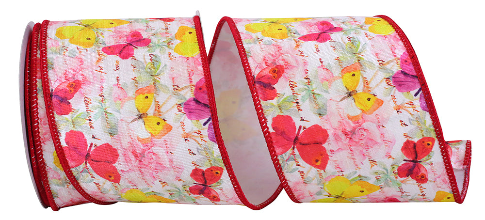 Red 4 Inch Butterfly Watercolor Red Wired Edge Ribbon for Wreaths & Bows