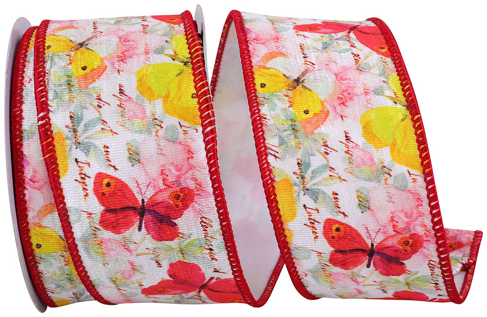 Red 2-1 2 Inch Butterfly Watercolor Red Wired Edge Ribbon for Wreaths & Bows