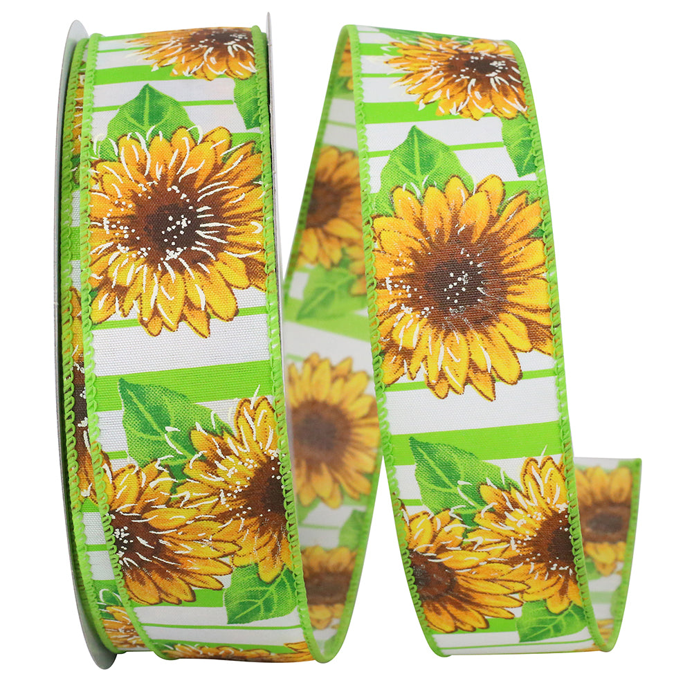 White 1-1 2 Inch Sunflower Lime Stripes Wired Edge Ribbon for Wreaths & Bows