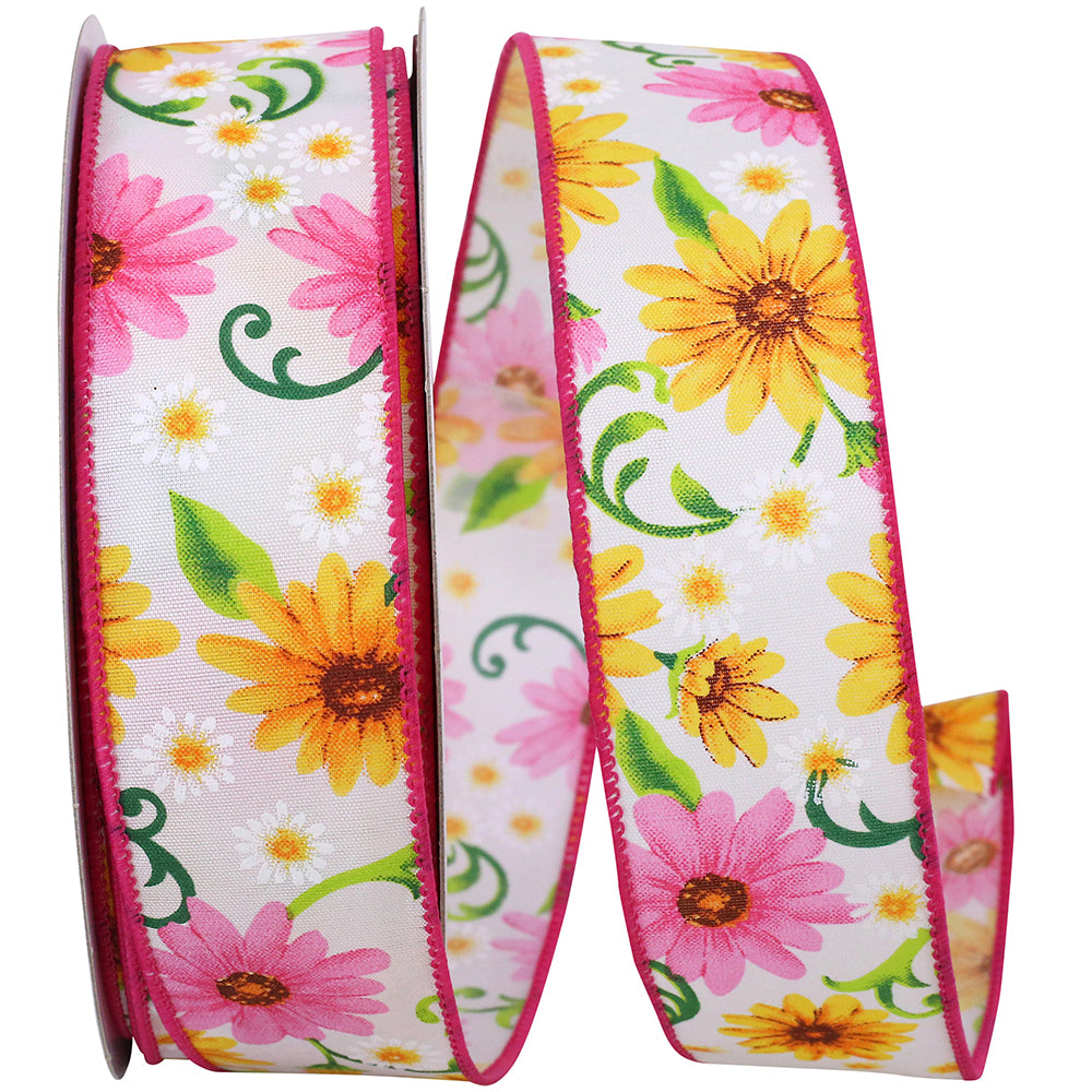 Pink 1-1 2 Inch Gerberas And Daisies Wired Edge Ribbon for Wreaths & Bows