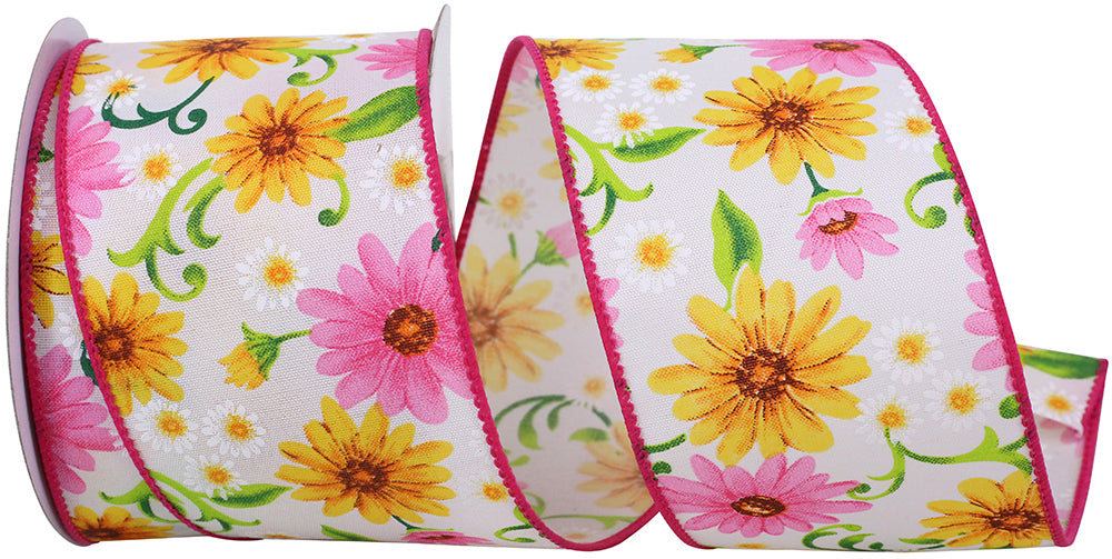 Pink 2-1 2 Inch Gerberas And Daisies Wired Edge Ribbon for Wreaths & Bows